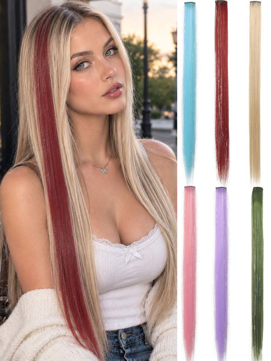 24-Inch Clip-On Hair Extensions, Shimmering Highlights, Versatile Hair Accessory, Suitable For Women's Party And Everyday Hairstyles. - Multicolor - View 1