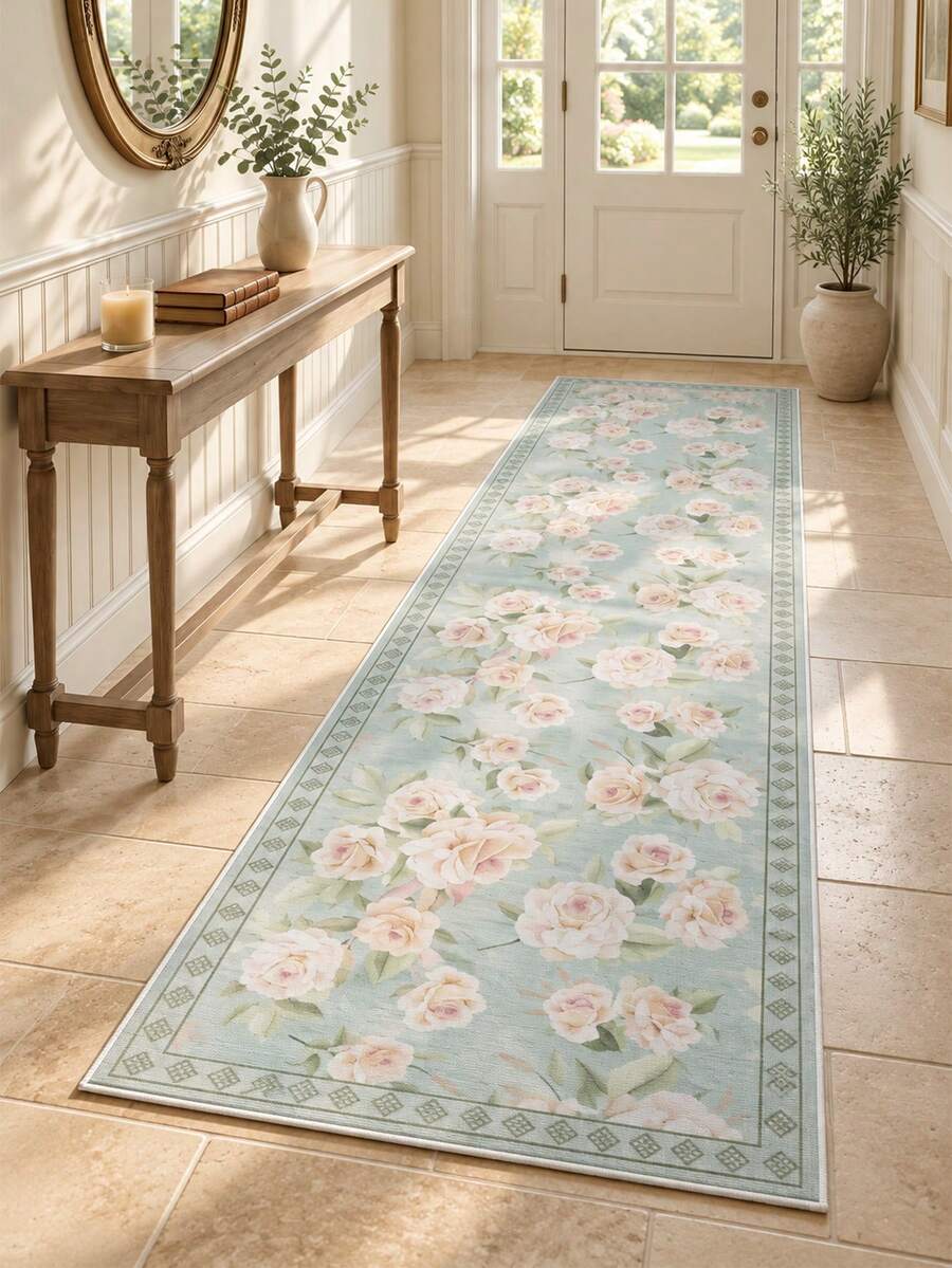 Pinkie Home - 1pc Vintage Floral Print Living Room Rug Area Rug/Carpet/Bath Mat, Suitable For Bathroom, Kitchen, Entryway, Hallway, Bedside, Living Room, Bedroom, Machine Washable Rug, Home Decor - Dusty Blue - View 1