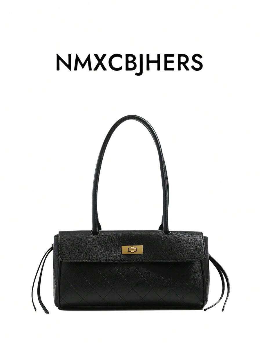 Women's New Black Quilted Shoulder Bag With Metal Lock, Versatile Handbag, Commuter Bag, Ladies Purse - Black - View 1