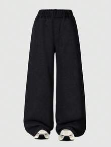 Tween Girl Elastic Waist Casual Loose Straight Leg Denim Jeans - Black - View 2