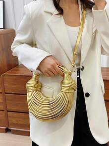 Tas Tangan Wanita Bentuk Lingkaran Anyaman Warna Emas Metalik, Tas Clutch Malam dengan Desain Berongga Unik, Tas Bahu Selempang dengan Tali yang Dapat Dilepas untuk Pesta - Emas - View 3