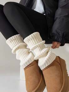 1 Pair Women's Ribbed Knit Leg Warmers, Solid Color Slouchy Boot Cuffs, Soft Stretchy Sock Covers For Winter Boots & Daily Outfits - Beige - View 9