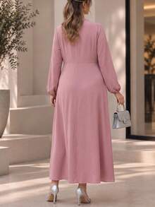 Plus Size Woven Fabric Lace Collar Waist-Cinched Dress, Casual Home Wear, Summer - Pink - View 2