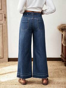 Plus-Size Women's High-Waisted Straight-Leg Frayed Jeans With Buttons,Y2K Autumn/Winterstyle,Suitable For Casual,Fashionable,Everyday,And Holiday Wear - Blue - View 3