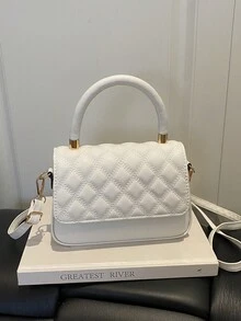 Solid Color Quilted Minimalist Fashion PU Designer Elegant Handbag With Geometric Pattern - Beige - View 10