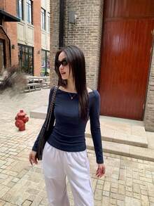 女款修身船領長袖針織休閒優雅內搭T恤上衣 - 藏青色 - 查看 6