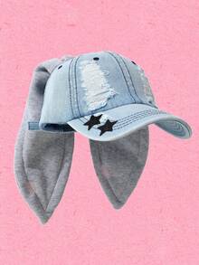 Popjeli 1pc Baseball Cap, Women's Fashion Rabbit Ear Decor Hat, Vintage Washed Distressed Snapback - Multicolor - View 7