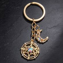 English: Magic Circle Star Moon Keychain, Crystal Inlaid Alloy Bag Charm, Aesthetic Celestial Pentagram Keyring For Handbag Backpack Birthday Gift - Multicolor - View 7