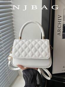 Solid Color Quilted Minimalist Fashion PU Designer Elegant Handbag With Geometric Pattern - Beige - View 1