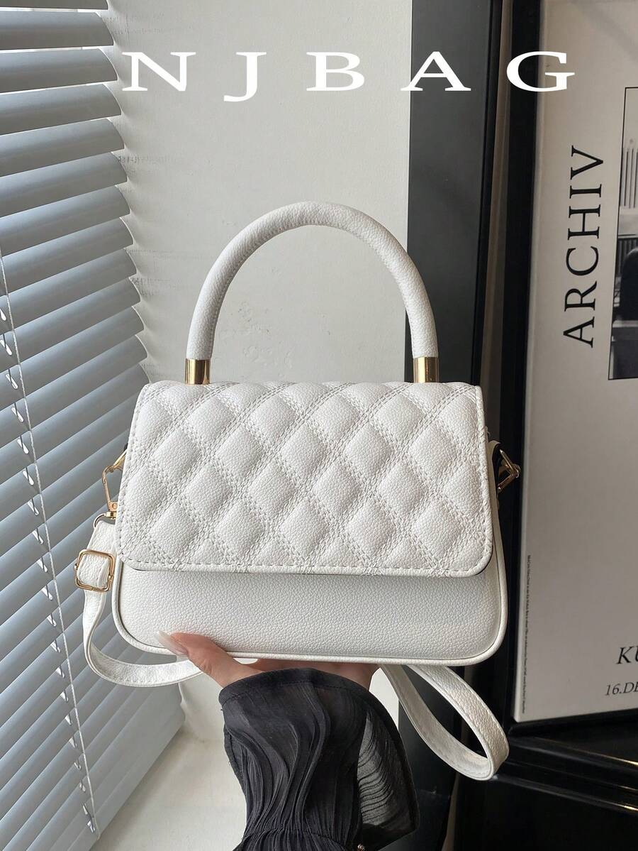 Solid Color Quilted Minimalist Fashion PU Designer Elegant Handbag With Geometric Pattern - Beige - View 1