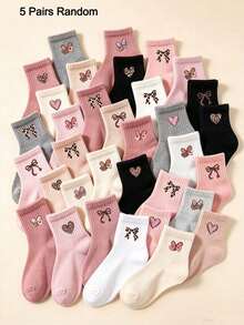 5/10/20 Pairs Random Color Mid-Calf Socks, Embroidered Pink Leopard Print Heart Bow, Cute Baby Girl Autumn/Winter Set Holiday Gift, Children School Party - Multicolor - View 7