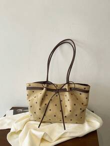 Polka Dot Bow Decor Suede Tote Bag, Large Capacity Daily Commute Shoulder Bag - Khaki - View 7