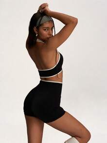 PinkTip Summer Black & White Color Block Crop Top And High Waist Yoga Shorts Fitness Set Sports - Black - View 4