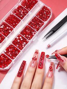 Set Rhinestone Kuku 12 Kotak Natal & Alat, Rhinestone Merah Natal Mengkilap Berbagai Ukuran dengan Pinset & Pena Pengambil, Perlengkapan Dekorasi Riasan Manikur DIY Rumahan - Merah - View 1