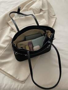 Women's Shoulder Bag Tote Bag With Metal Buckle Decor Large Capacity Underarm Shoulder Bag - Black - View 3