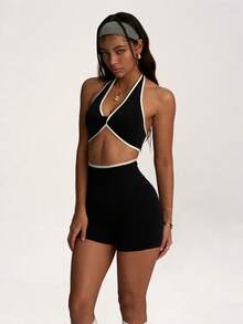 PinkTip Summer Black & White Color Block Crop Top And High Waist Yoga Shorts Fitness Set Sports - Black - View 3