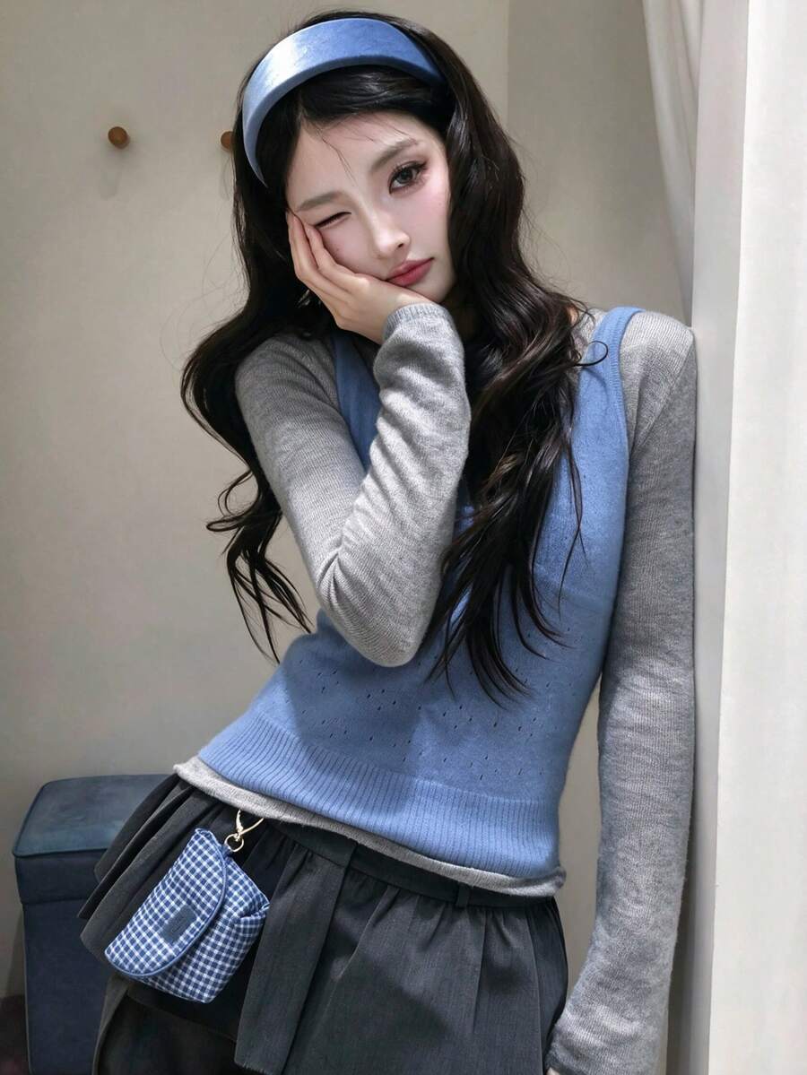 女款韓式甜美秋冬撞色針織兩件套,鏤空眼背心與純色長袖修身打底衫,適合外出、旅行、校園、通勤 - 藍色 - 查看 1