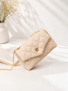 1pc Girls Quilted Casual Fashion Flap Chain Crossbody Bag, Shoulder Bag, Suitable For Daily Use, Vacation, Ideal Gift Choice - Khaki - View 2