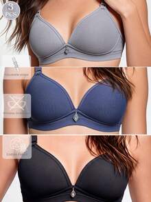 3pcs Women's Comfortable Breathable Wireless Soft Cup Solid Color Sleep Bra - Multicolor - View 1