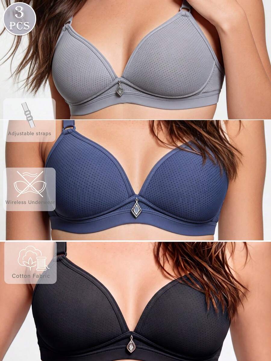 3pcs Women's Comfortable Breathable Wireless Soft Cup Solid Color Sleep Bra - Multicolor - View 1