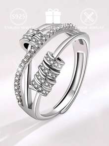 1 buah Cincin Perak Sterling 925 Elegan Mewah Minimalis, Bertatahkan Zirkonia Kubik, Desain Geometris, Dapat Diatur Ukurannya - Perak - View 4