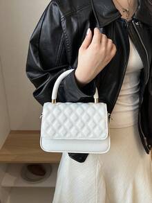 Solid Color Quilted Minimalist Fashion PU Designer Elegant Handbag With Geometric Pattern - Beige - View 5