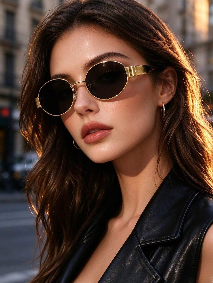 1 Pair Vintage Oval Metal Frame Versatile Sunglasses, Fashionable Sunglasses For Men And Women, Beach Vacation Street Style, Lightweight Small Frame - Gold Frame Gray Film - View 1
