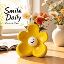 1pc Cute Smiling Face Ceramic Vase Decor, High-End Living Room Flower Arrangement, Entryway Home Decoration, Niche Desktop Ornament, Suitable For Home Decor And Tabletop Decoration - Sunflower - View 3