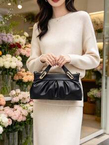 Black Ruched PU Handbag, Minimalist Elegant Design With Gold Hardware, Hand-Carry And Crossbody, Versatile Textured Women's Bag For Commute And Daily Wear, Cloud Bag - Black - View 10