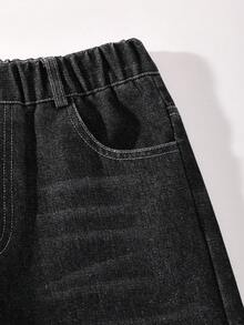 Tween Girl Elastic Waist Pocket Casual Straight Leg Denim Jeans - Black - View 5