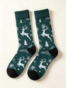 1/3/5 Pairs Christmas Style Green Mid-Calf Socks With Reindeer And Snowflake Jacquard Pattern, Unisex Comfortable Socks For Autumn/Winter, Holiday Gift - Dark Green - View 9