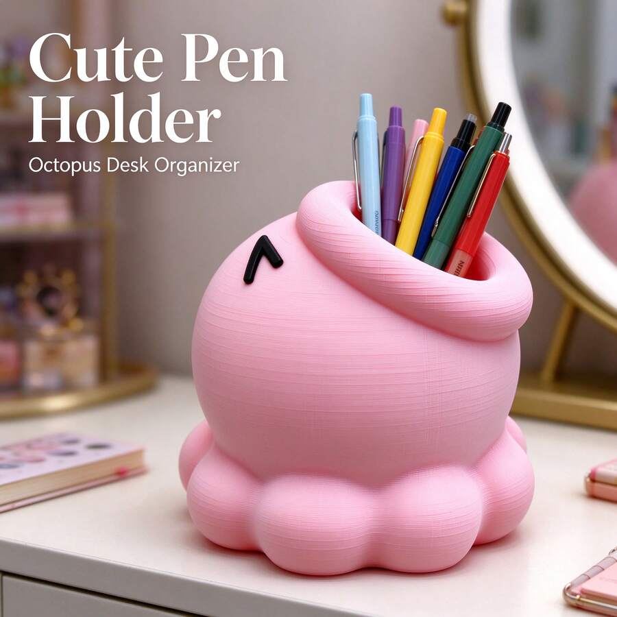 Ins Cartoon Cute 3D Printed Octopus Pen Holder, Round Adorable Stationery Storage Box, Highly Attractive Fun Desktop Organizer Decor For Girls' Bedroom Desk - Pink - View 1