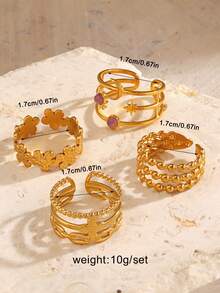 4pcs/Set Stainless Steel 18K Gold Plated Star, Sunflower Flower Open Rings, Suitable For Women's Daily Wear - Multicolor - View 2