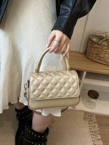 Solid Color Quilted Minimalist Fashion PU Designer Elegant Geometric Pattern Handbag - Gold - View 5