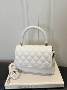Solid Color Quilted Minimalist Fashion PU Designer Elegant Handbag With Geometric Pattern - Beige - View 2