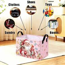 1pc Pink Christmas Santa Print Foldable Rectangular Fabric Storage Basket With Handles, Sturdy Clothes Organizer For Bedroom Closet Storage Bin, Collapsible Laundry Hamper, Space Saving Holiday Home Decor, Portable Utility Storage Tote - Multicolor - View 4