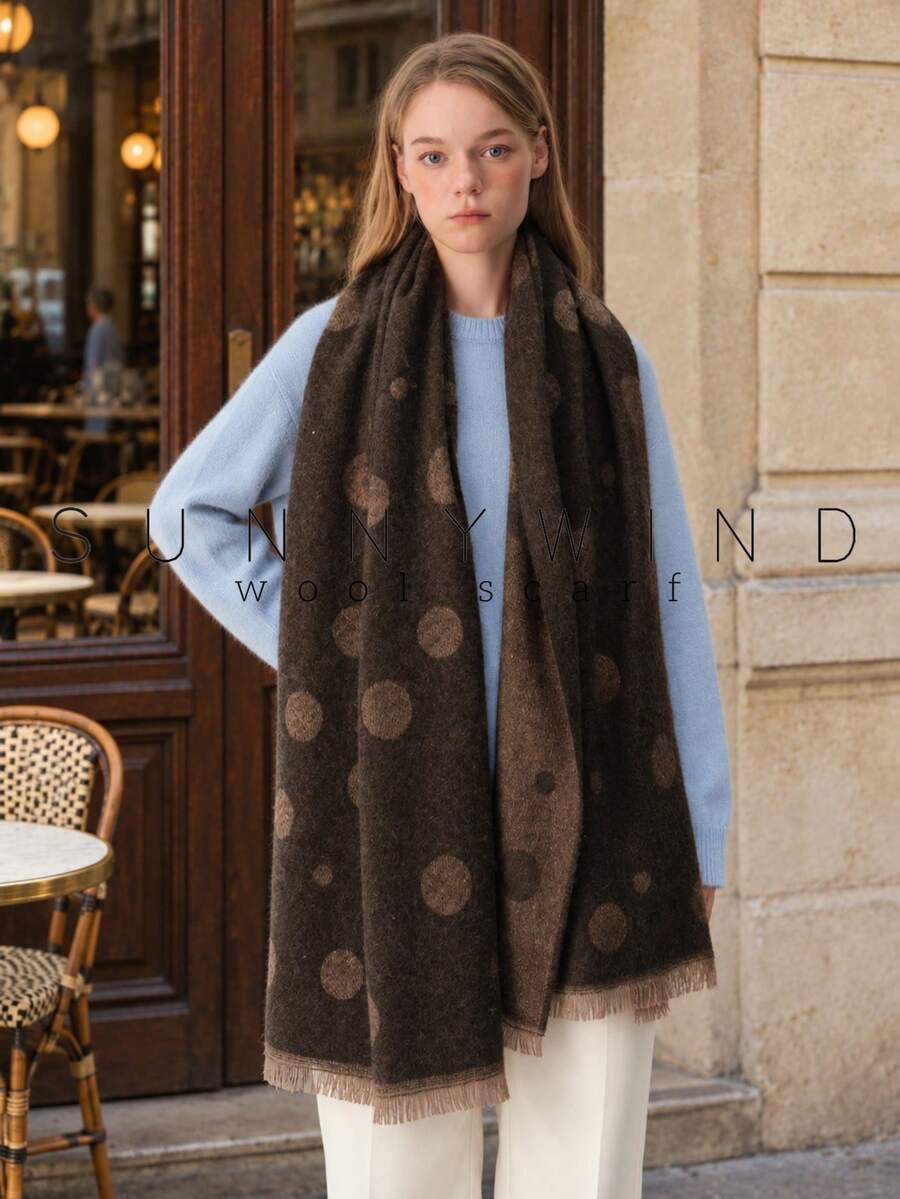 1pc Women's Gold Thread Polka Dot Elegant Versatile Wool Scarf For Autumn/Winter Daily Wear - Khaki - View 1
