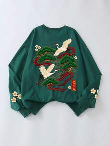 Women's Green Knitted Sweatshirt, Japanese Crane And Pine Tree Print, Regular Long Sleeve Crew Neck Pullover, Medium Stretch Fabric - Dark Green - View 1