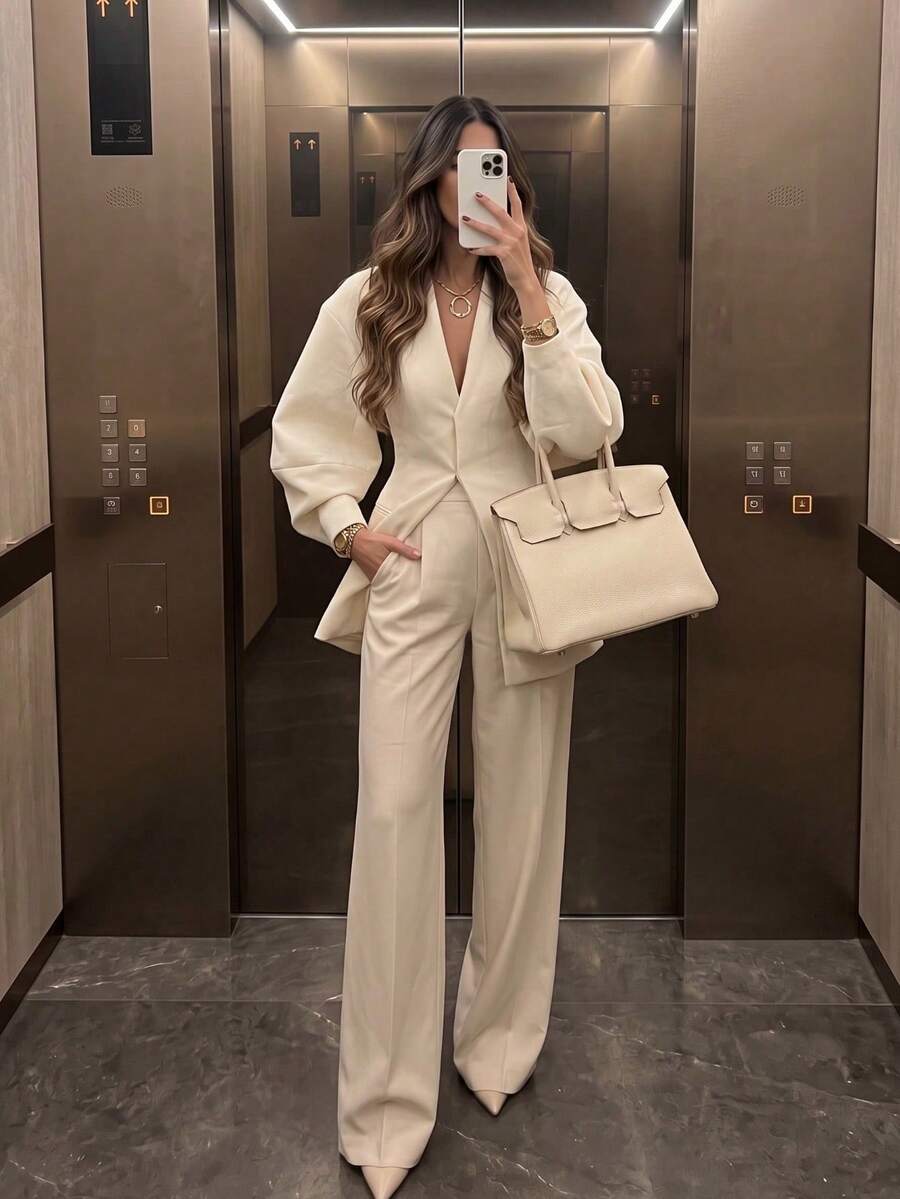 Elegant Women's V-Neck Button-Up 2 Pieces Suit Set, Casual Outfit For Commuting, Office And Daily Wear - Apricot - View 1