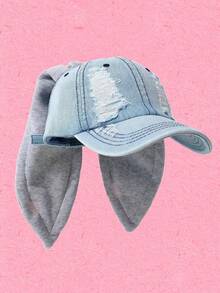 Popjeli 1pc Baseball Cap, Women's Fashion Rabbit Ear Decor Hat, Vintage Washed Distressed Snapback - Multicolor - View 5
