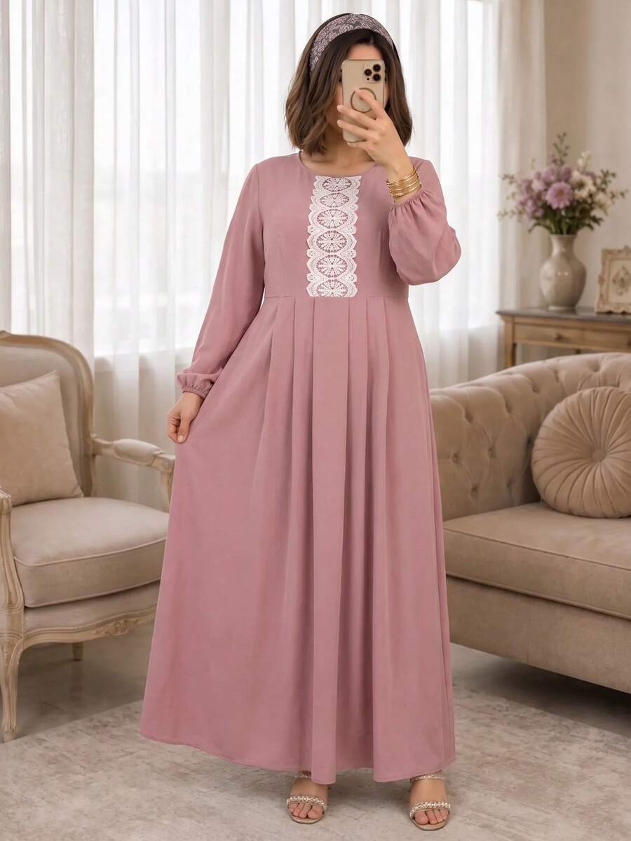 Plus Size Woven Fabric Lace Collar Waist-Cinched Dress, Casual Home Wear, Summer - Pink - View 1