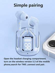 全新透明触摸屏低延迟 TWS 无线耳塞，Type-C 充电，蓝牙 5.3 半入耳式无线运动耳机，超长电池寿命 - 藍色 - 查看 10