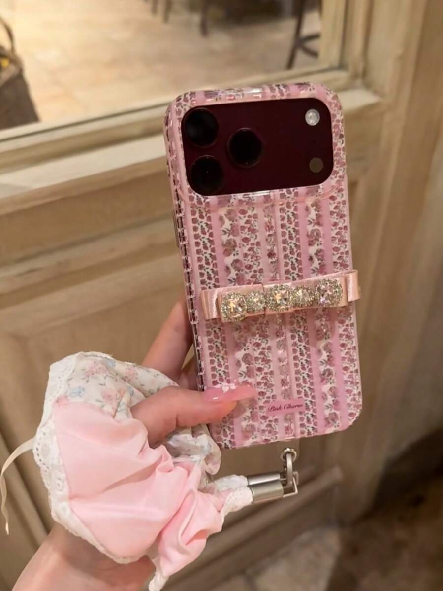 Korean Style Pink Floral Rhinestone Bow Phone Case Compatible With Apple 18 Pro Max, 17 Pro Max, 15, 16 Pro, 17 Pro, Full Coverage Anti-Drop Phone Cover With Lanyard For Women - Pink - View 1