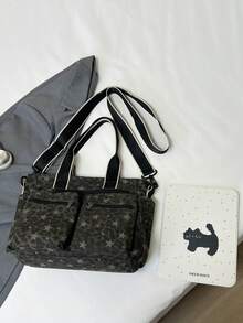 New Women's Tote Bag, Canvas Material With Leopard Print And Star Pattern, Shoulder, Crossbody, Hand-Carry, Multiple Carrying Ways For Daily Outings, Shopping And Commuting - Black - View 8