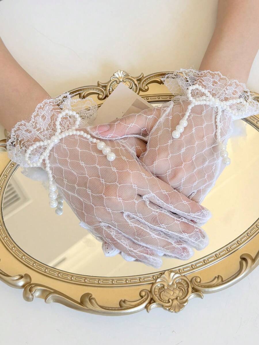 1雙女款春夏薄款蘿莉塔新娘Cosplay蕾絲手套,附蝴蝶結,百搭 - 白色 - 查看 1
