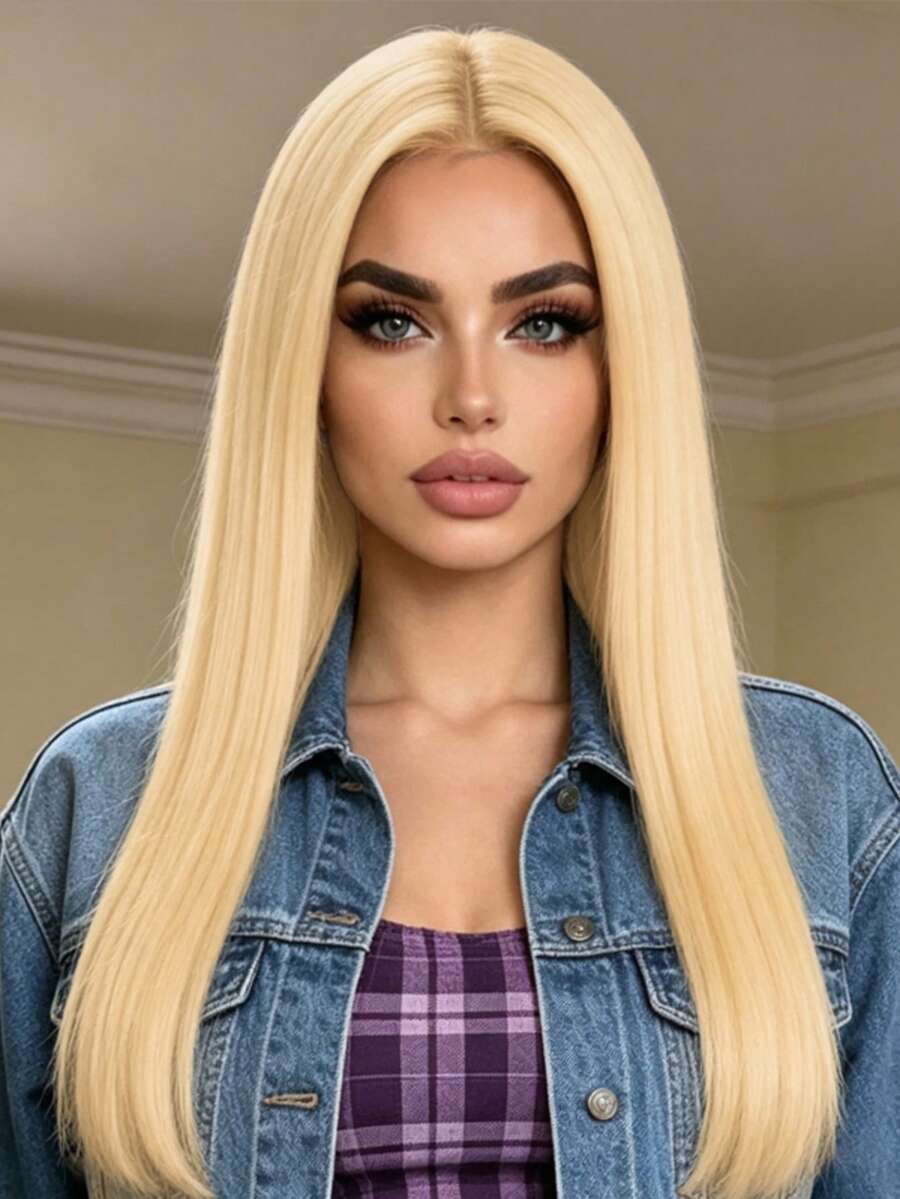 26 Inch White Gold Middle Part Long Straight Women's Wig, Elegant And Fashionable Women's Wig, Suitable For All Women's Daily Wear And Party, Ball Wear. - Platinum - View 1
