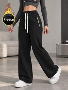 Women Black Thermal Lined Sweatpants Wide Leg Pants Drawstring Elastic Waist Zipper Pockets Loose Fit Casual Trousers - Black - View 8
