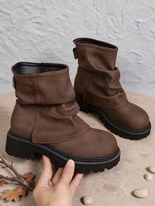 New Beige Ruched Pleated Girls' Boots, Round Toe Soft PU Fabric With Metal Buckle Decor, Vintage Mid-Calf Slip-On Wear-Resistant Non-Slip Height-Increasing Boots For Kids, Autumn/Winter Daily School Outdoor Versatile - Brown - View 2