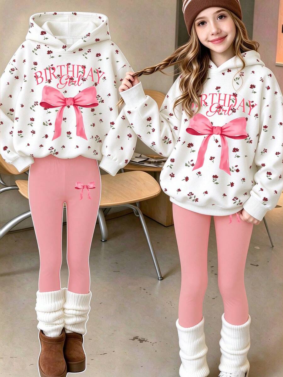 2pcs/Set Hoodie & Leggings Set, Bow Print With Simple Casual Leggings, Comfortable Autumn/Winter New Style - Apricot - View 1
