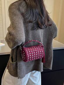 女款圓形水桶包 時尚閃亮水鑽晚宴包 浪漫奢華優雅個性化斜挎包 啞光酒紅色流蘇包 - 酒紅色 - 查看 7